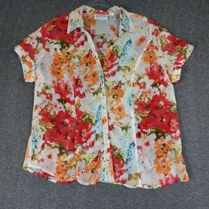APPARENZA WOMEN SHEER CREAM MULTICOLORED TROPICAL FLORAL BUTTON UP SHIRT SIZE 1X